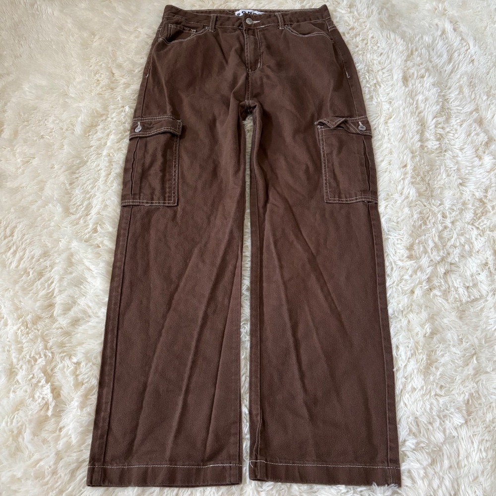 S.O.N.G. Brown Cargo Pants Wide Leg White Contrast Stitch Cotton Size 13/31